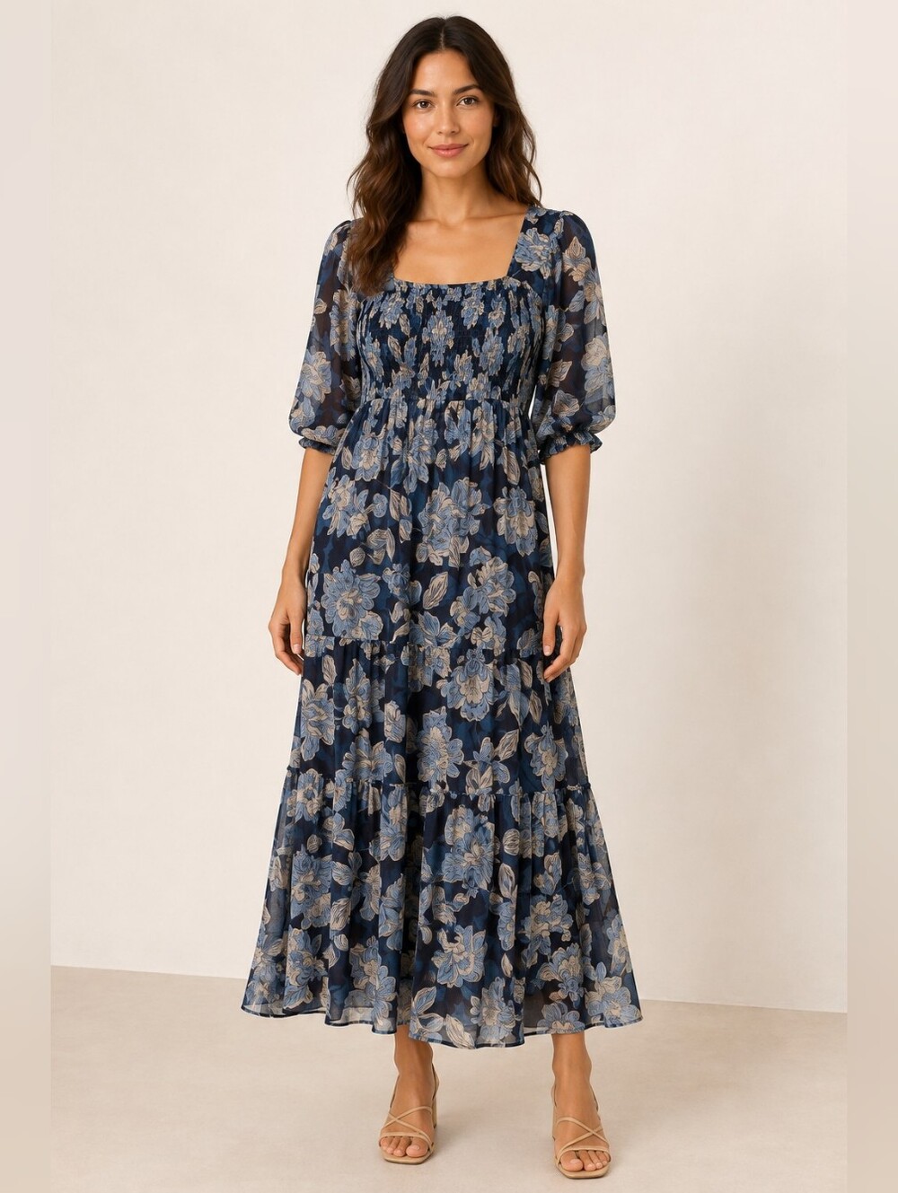 Johnny Was Aquaria Blue Floral Smocked Cotton Silk Maxi Dress S